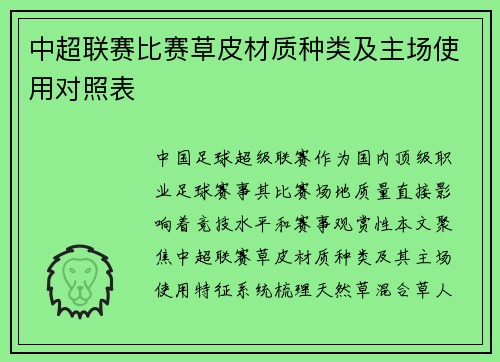 中超联赛比赛草皮材质种类及主场使用对照表